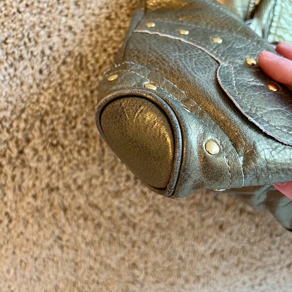 Bulga Leather Studded Hobo Tote Bag in Iridescent Green - Picture 5 of 7